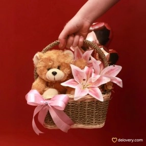 Amore Teddy Lily Basket (Artificial)